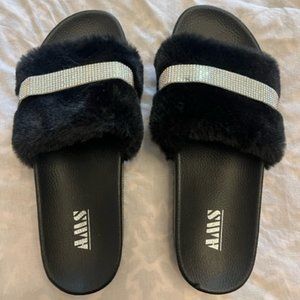 Sexy Furry Glitter Open Toed Slip Ons